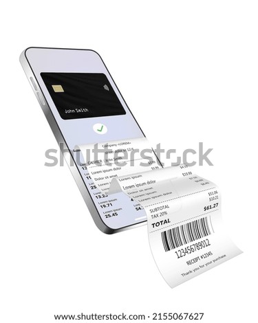 Banking pay online with mobile phone. Wireless payments concept bank card with receipt. Bill on smartphone transaction with credit card and paper check. Vector illustration.