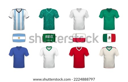 World football 2022 t-shirts, kits, jersey and flags collection. Group stage tournament with national flags and shirts of soccer teams. Vector illustration.