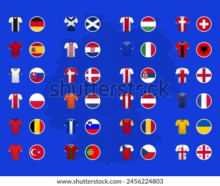 Set of flags and t-shirts kits of the national football team. Soccer team flag icon. European football tournament in Germany. Vector illustration.