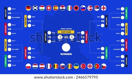 The final bracket of matches European football tournament in Germany for the knockout round of the competition. Match schedule with flags and match dates. Vector illustration.