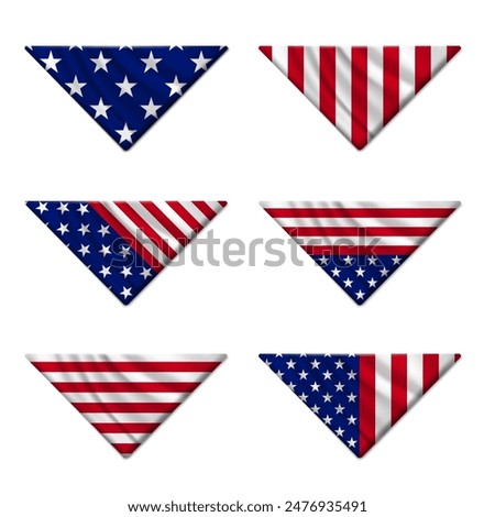 Folded USA flag. Set of American flags folded into a triangle isolated on white background. Concept Memorial Day, Independence Day, July 4th. Flat lay, Top view. Vector illustration.