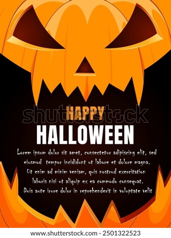 Halloween banner with smiling pumpkin on orange background and text Happy Halloween. Holiday card, party invitations and other Halloween events. Vector illustration.