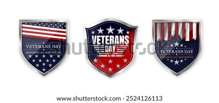 Veterans day. Set of realistic steel shield badges for the holiday veterans day. National holiday of the USA. Vector illustration.