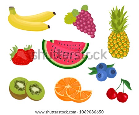 Set of summer icon fruits: banana, grape, pineapple, strawberry, blueberry, watermelon, kivi, orange, cherry. Perfect for wallpaper, gift paper, stickers, greeting cards, package, baby book.
