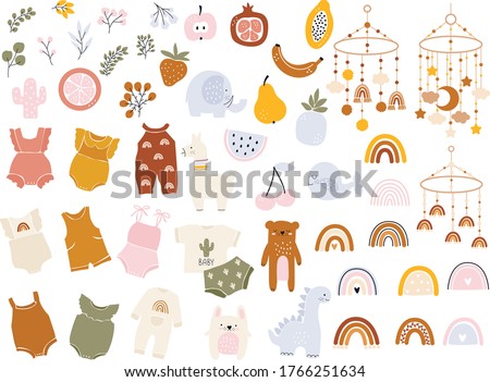 Vector hand drawn collection for nursery decoration and baby shower. Baby clothes, rainbows, toys, animals, branches, fruit. Perfect for birthday, children's party, summer holiday, clothing prints