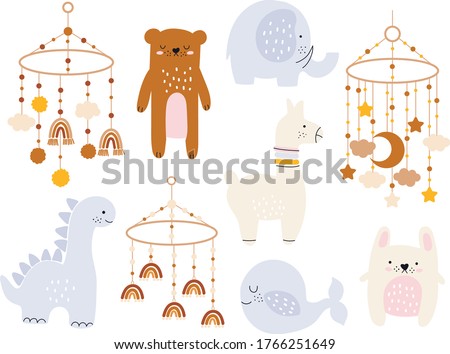 Vector hand drawn collection for nursery decoration and baby shower. Baby toys, mobiles, animals. Perfect for birthday, children's party, summer holiday, clothing prints