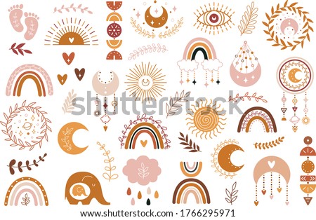 Vector hand drawn boho clipart for nursery decoration with cute rainbows and moon, sun, cloud, dream catcher. Doodle modern illustration. Perfect for baby shower, birthday, children's party
