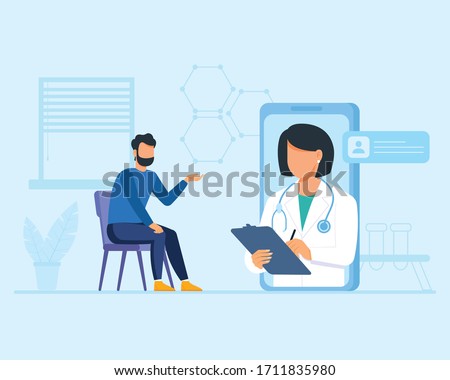 Mobile App for Online Doctor. Man Using Mobile Application, Control Health Indicators, Consult Online Doctor, Sign up Appointment Therapist. Healthcare services with internet