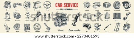 Car service sketch set with vector stroke and white background. Auto service, car repair icon set. Car service and garage.