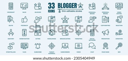 Blogging, media and communication icon set. Included icons as influencer, social media, advertisement, view rates, like, vlog and more. Restaurant menu. Pixel perfect 64x64. Editable Strokes 