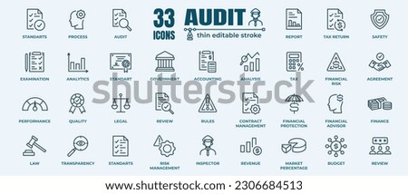 Audit icon set. Accounting line icons collection. Check and audit line icons collection. Vector illustration.Editable Strokes 