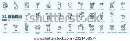 Alcoholic cocktails icons set. Simple outline cocktails icons isolated on white background. Set includes beer, mojito, whiskey. Icons set for restaurant, pub, bar. Vector illustration