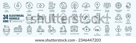 Electric cars icons set. Such as power station, fast charging, parking, socket, car and battery charge and others. editable vector stroke