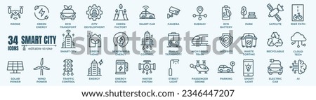 Smart city line icon set with infrastructure efficiency tech, future digital urban, autonomous building, information  communication technology ICT