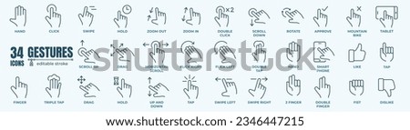 Gestures - thin line web icon set. Outline icons collection.zoom in, zoom out, keypad, zoom out, rotate, swipe left. Simple vector illustration.