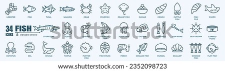 Fish and seafood elements - thin line web icon set. Outline icons collection. Simple vector illustration.