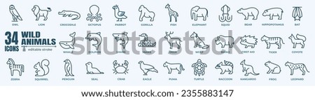 Wild Animals Vector Icon. Thin line creature icons set. Simple vector icons.Editable line