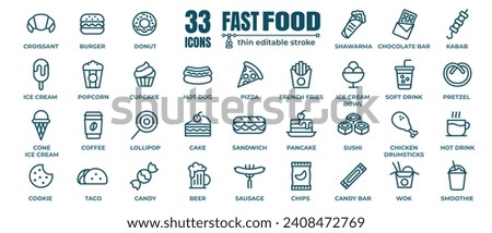 Fast food vector line icons set. Burger, donut, french fries, hot dog, kabab, pizza, ice cream, pizza vector illustrations. Thin signs for restaurant menu. Pixel perfect 64x64. Editable Strokes 