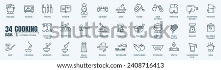 Cooking related line icon set. Pot, pan and kitchen utensils linear icons.