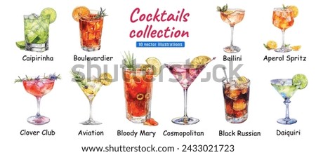 Alcoholic cocktails hand drawn vector illustration. Sketch set. Moscow mule, bloody mary, pina colada, mojito, margarita, daiquiri, Mimosa, long island iced tea, Bellini, margarita.