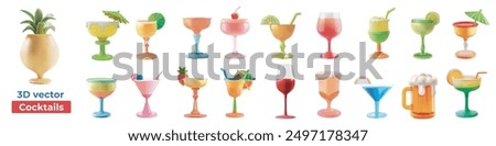 Alcoholic 3D cocktails illustration set. Simple outline cocktails icons isolated on white background. Set includes beer, mojito, whiskey. Icons set for restaurant, pub, bar. Vector illustration