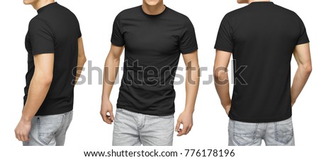Young male in blank black t-shirt, front and back view, isolated white background with clipping path. Design men t shirt template and mock-up for print Сток-фото © 