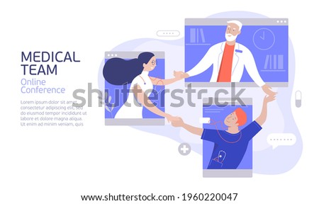 Happy medical colleagues congratulating each other on their success. Medical team online conference. Remotely virtual discussion of medicine professionals. Flat vector illustration concept.