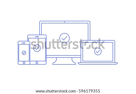 Vector linear illustration of four devices for responsive web programming. Computer laptop tablet and phone in outline flat style