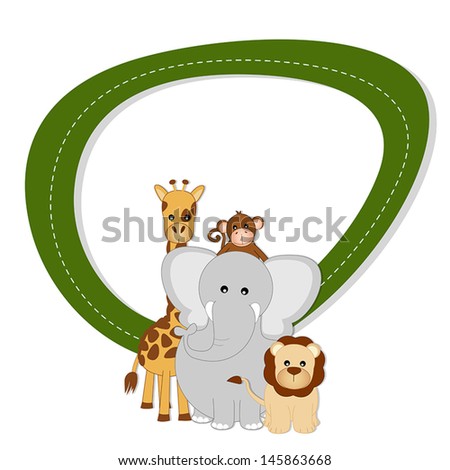 A decorative frame with savannah animals. Lion, elephant, giraffe and monkey in front of a white frame in which is possible to insert your text or photo.