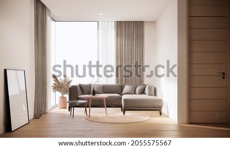 Living room room interior design and decoration in modern and earth tone, fabric sofa, round coffee table, round carpet, wooden floor and sunlight from window, 3d rendering mock up condominium. ストックフォト © 