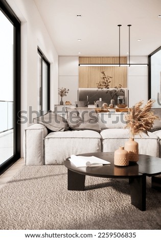 Modern mockup room interior design and decoration with earth tone furniture, fabric sofa and pillow, twigsin vase on black round coffee table, sunlight from balcony. 3d rendering. Сток-фото © 