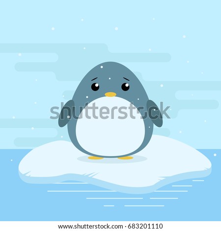 Cute cartoon illustration of penguin on iceberg in antarctica. Cold weather with snow. Flat vector design