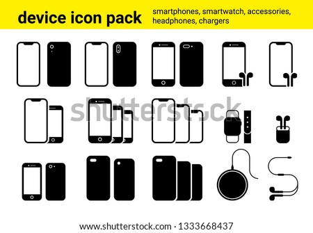 Vector pack of somply illustrated icons containung smartphone models, airpods and other accessories