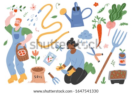 Garden set, people gardening, vector illustrations of garden gear, gardening tools and supplies, woman working in garden, man picking apples, spring outdoors activity, cute cartoon characters.
