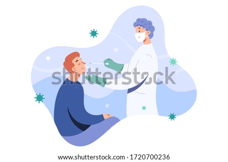 Covid test, doctor collects nose mucus by swab sample for covid-19 infection, patient being tested, lab analysis, medical checkup, flat cartoon vector illustration, friendly doctor in face mask