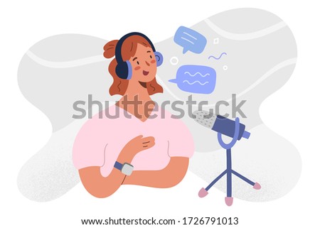 Podcast host recoding, streaming an series of online radio episode. Woman blogger in headset and microphone, making media record at home or studio, hand drawn cartoon vector illustration isolated