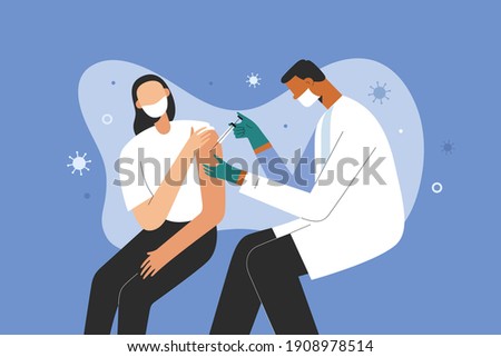 Covid-19 vaccination, doctor injecting a patient, Medical doctor wearing protective mask giving a vaccine shot in arm, muscle injection. coronavirus immunization, vector illustration