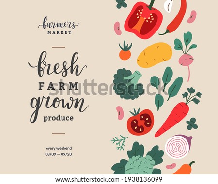 Farmers market flyer design, vector template for food fair with lettering and vegetable illustrations, banner with copy space, modern simple design, announcement leaflet