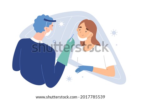 Drive-thru covid-19 check, woman sitting in her car getting PCR test for coronavirus, medical worker collecting covid specimen with nasal swab through vehicle window, vector cartoon illustration