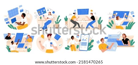 People taking, sharing notes, user experience concept, managing projects, coordinating assignments, using laptops, phone app, ui interface. Creating tables, kanban boards, checklists, modern workflow