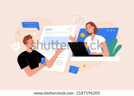 Colleagues collaborating on online documents in real-time, co-authoring edit concept, multiple people work together on a document simaltaneously using laptop, mobile app, vector cartoon illustration