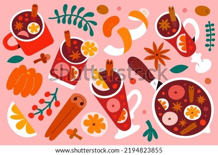 Mulled wine illustrations, punch in glasses and mugs, pot with red wine with citrus, spices and berries. Hot glintwine drink with cinnamon, anise star and orange fruit, hand drawn vector collection Сток-фото © 