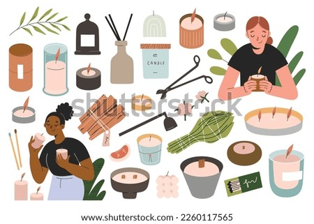 Women smelling scented candles, lighting candles in jars with matches, home aromatherapy for relaxation, stress relief, palo santo wood and sage. vector illustrations collection, cartoon characters