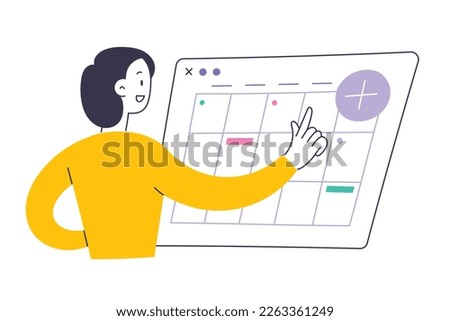Woman manages her plans and tasks in online agenda calendar application, pushes add an event button to create a new appointments. Weekly scheduling app, digital personal organizer, flat vector