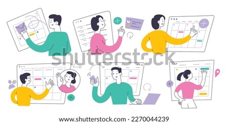 People use digital calendar, manage plans, tasks, and appointments, weekly scheduling, sync calendar on multiple devices, send invite, share tasks and to do lists, agenda app, flat vector illustration