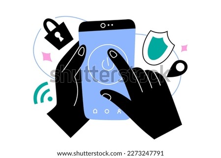 Person using a VPN service, hands holding smartphone, application to surf internet, VPN app on screen, virtual private network, pushing button to switch on secure connection, vector illustration