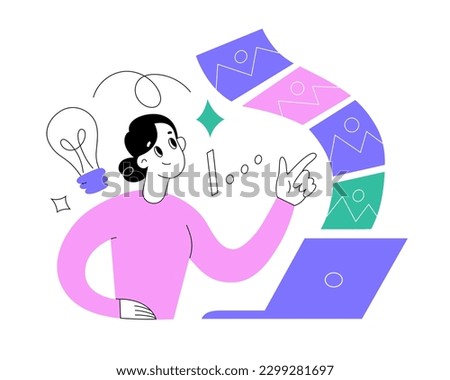 Artificial intelligence, AI service generates many images for designer, woman choosing between lots of images, pointing her finger at picture, using program on laptop, idea icon, vector illustration