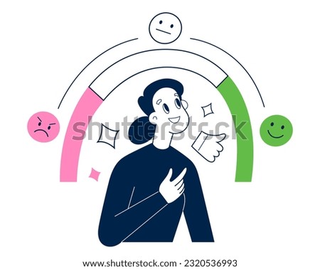 Satisfied customer leaves positive feedback, female client chooses positive reaction on rating scale, user rates experience, abstract interface elements, vector illustration isolated on white