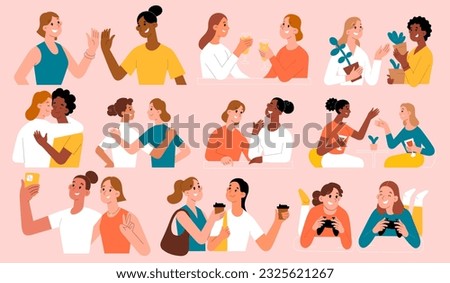 Female friends, young women spend time together, take selfie photos, girlfriends meet, talk, drink coffee and champagne. Young women hug each other, togetherness concept, vector illustrations set