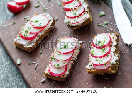 Bruschetta (toasted bread) with white soft cheese and fresh radishes on wooden cutting board, selective focus